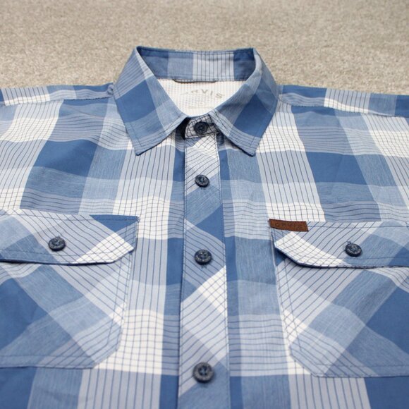 Orvis Tech Shirt Mens Large Blue/White Classic Collection Polyester S/S Button - Picture 4 of 14